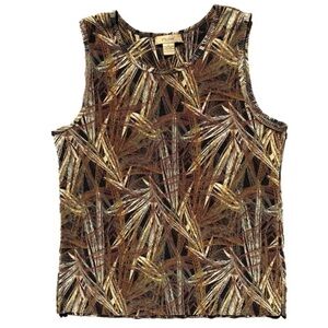 PLISSE Top Sleeveless Micro-Pleat Bamboo Design Brown Cream Women Size L